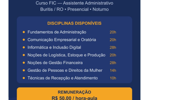 IFRO abre seleção de bolsistas para atuar em curso de Assistente Administrativo em Buritis